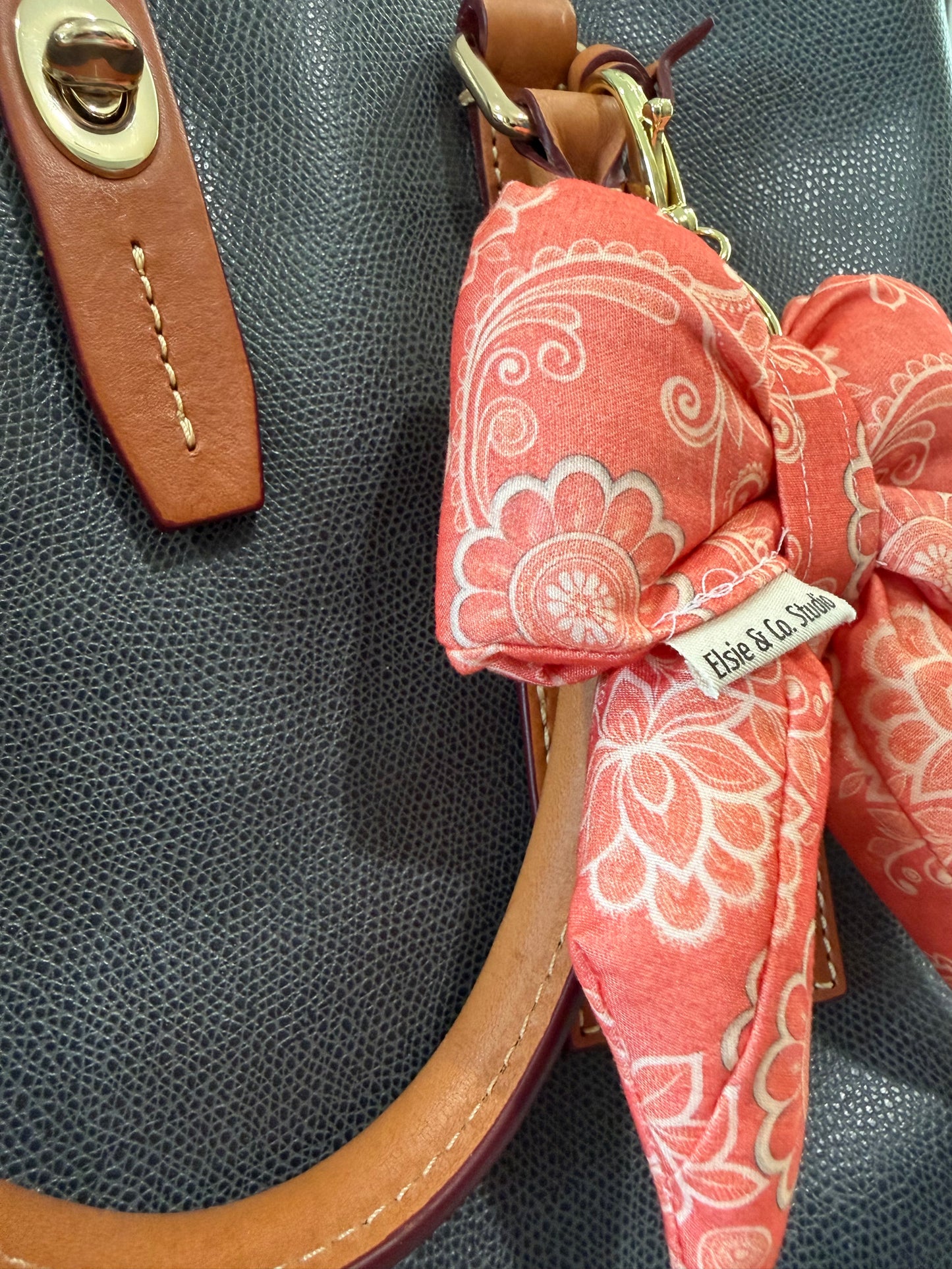 Puffy Bow Purse Charm, Dark Peach and Ivory Floral Print