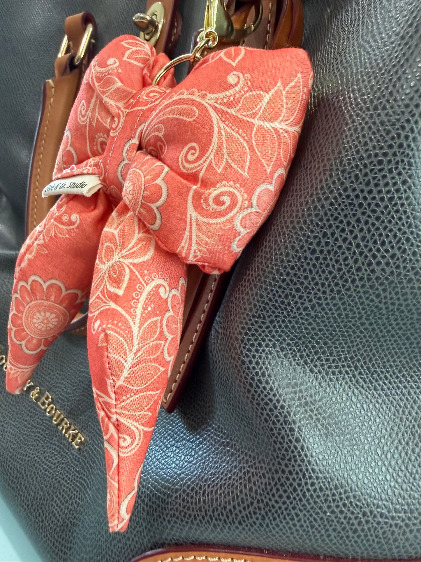 Puffy Bow Purse Charm, Dark Peach and Ivory Floral Print