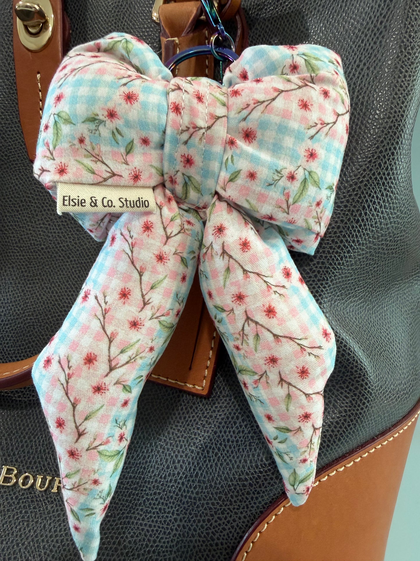 Puffy Bow Purse Charm, Pink & Blue Gingham with Cherry Blossoms