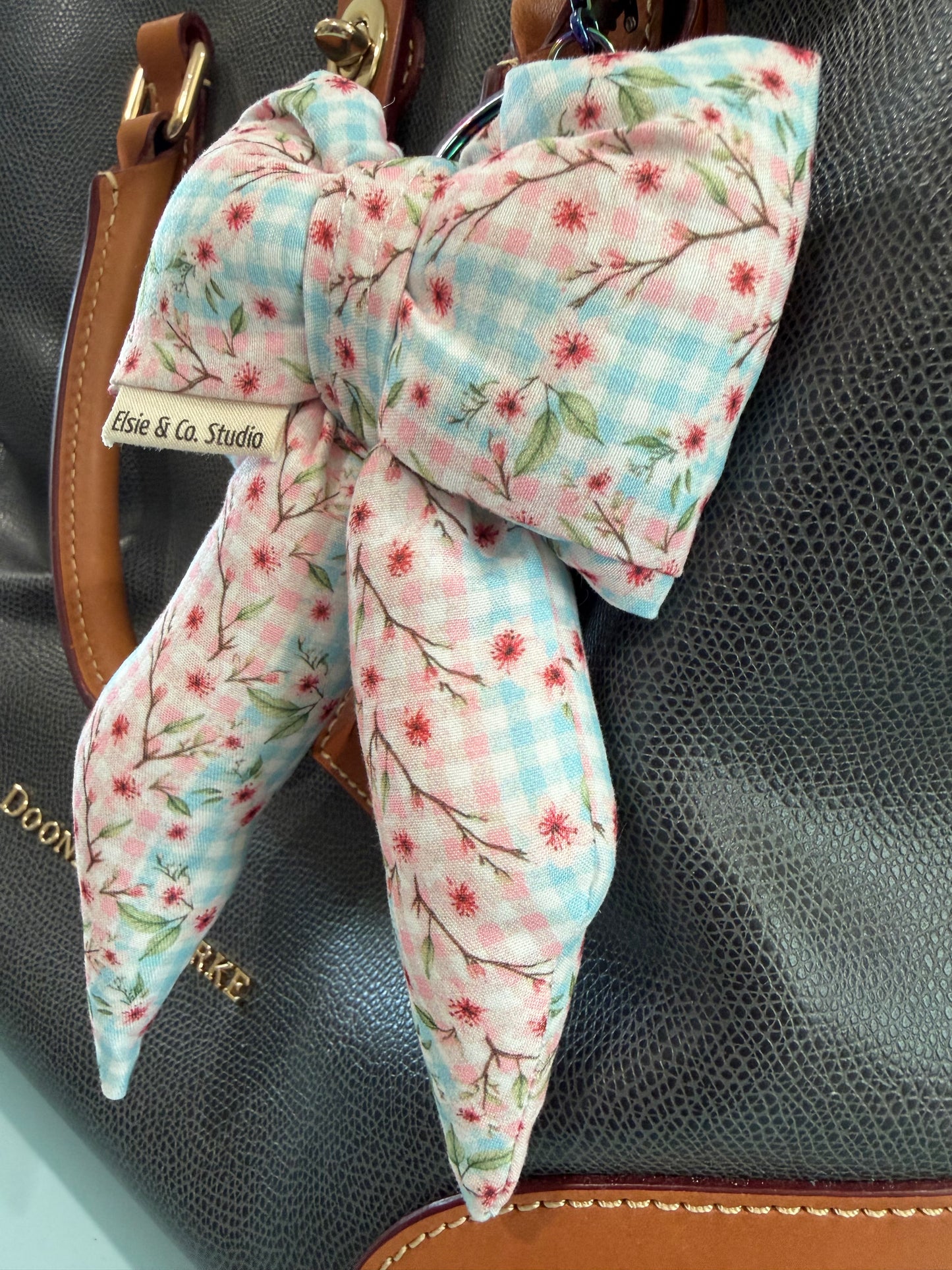 Puffy Bow Purse Charm, Pink & Blue Gingham with Cherry Blossoms