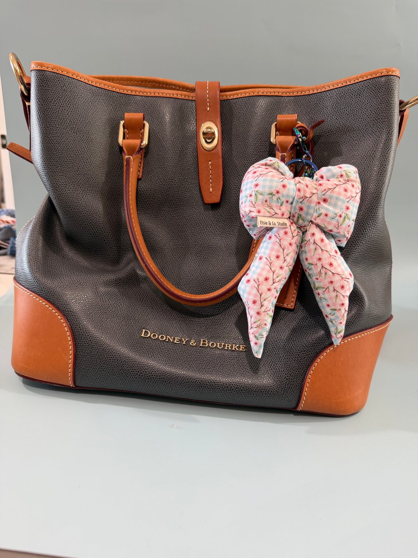 Puffy Bow Purse Charm, Pink & Blue Gingham with Cherry Blossoms