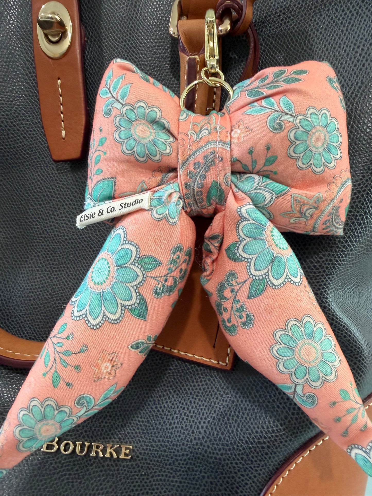 Puffy Bow Purse Charm, Peach with Teal Flowers