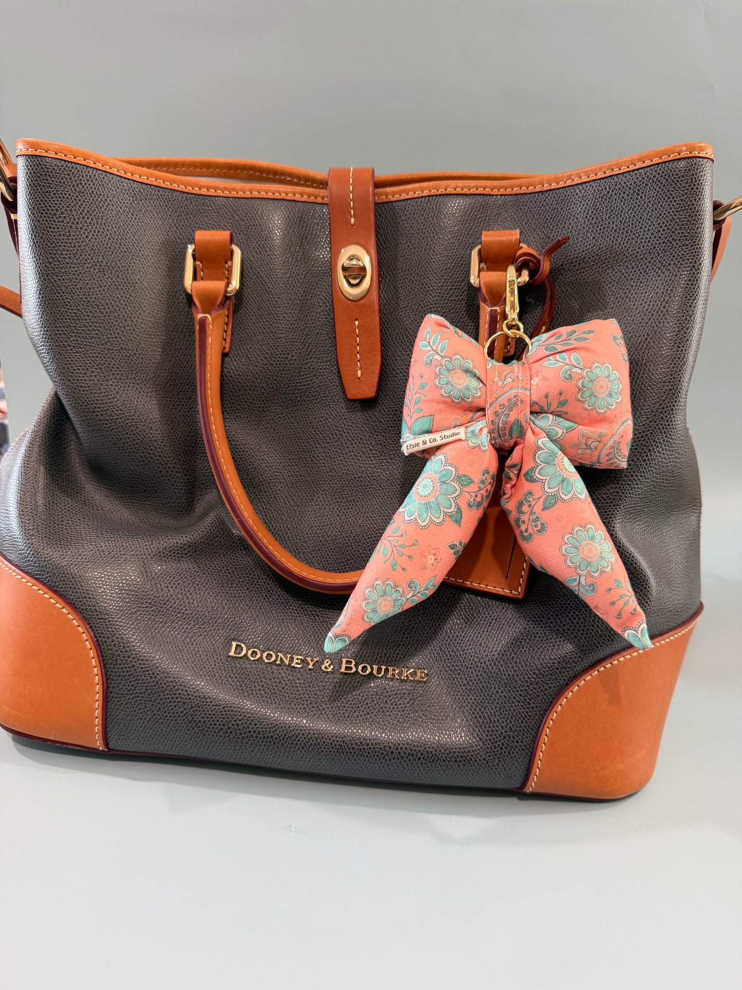 Puffy Bow Purse Charm, Peach with Teal Flowers