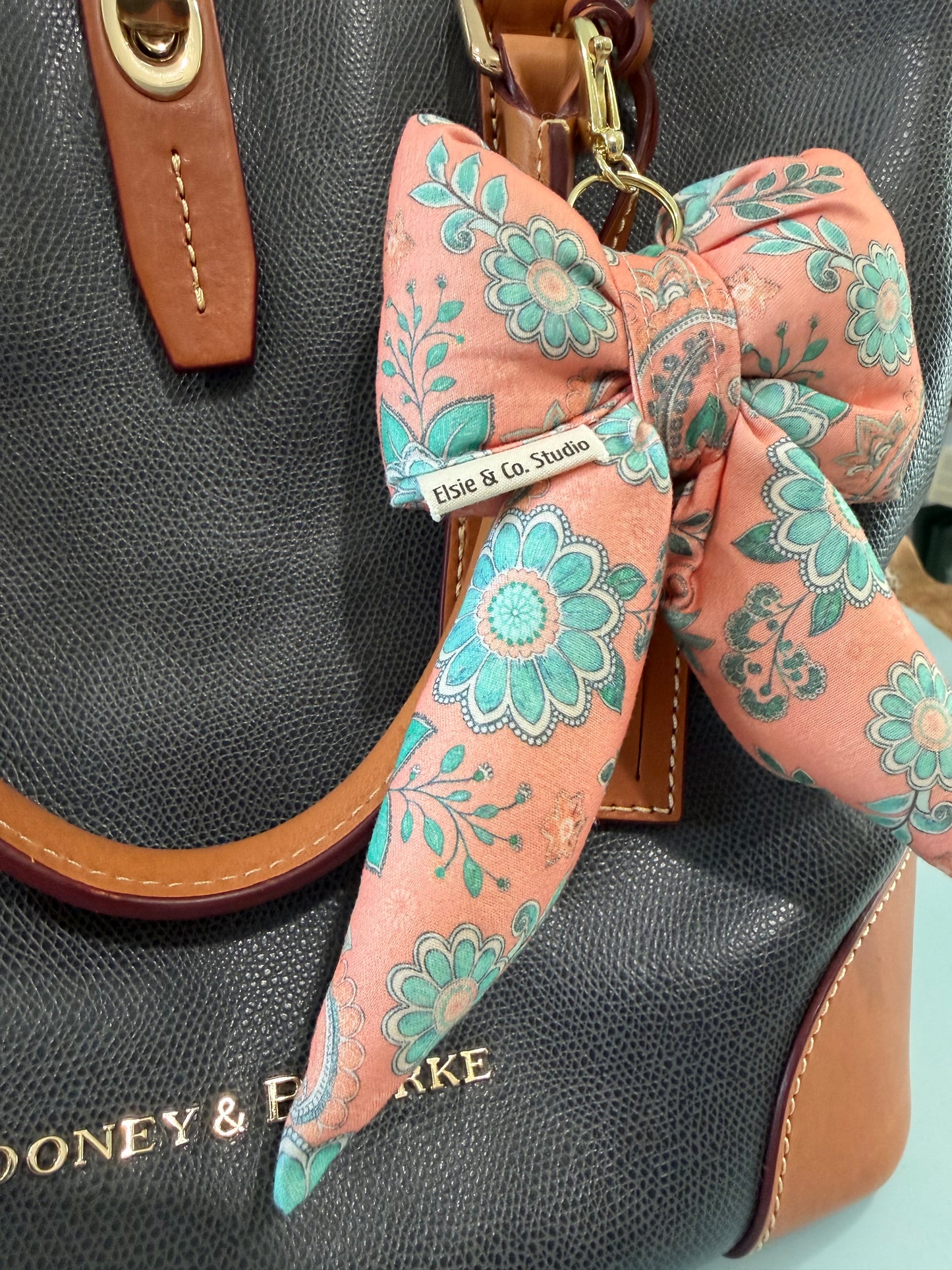 Puffy Bow Purse Charm, Peach with Teal Flowers