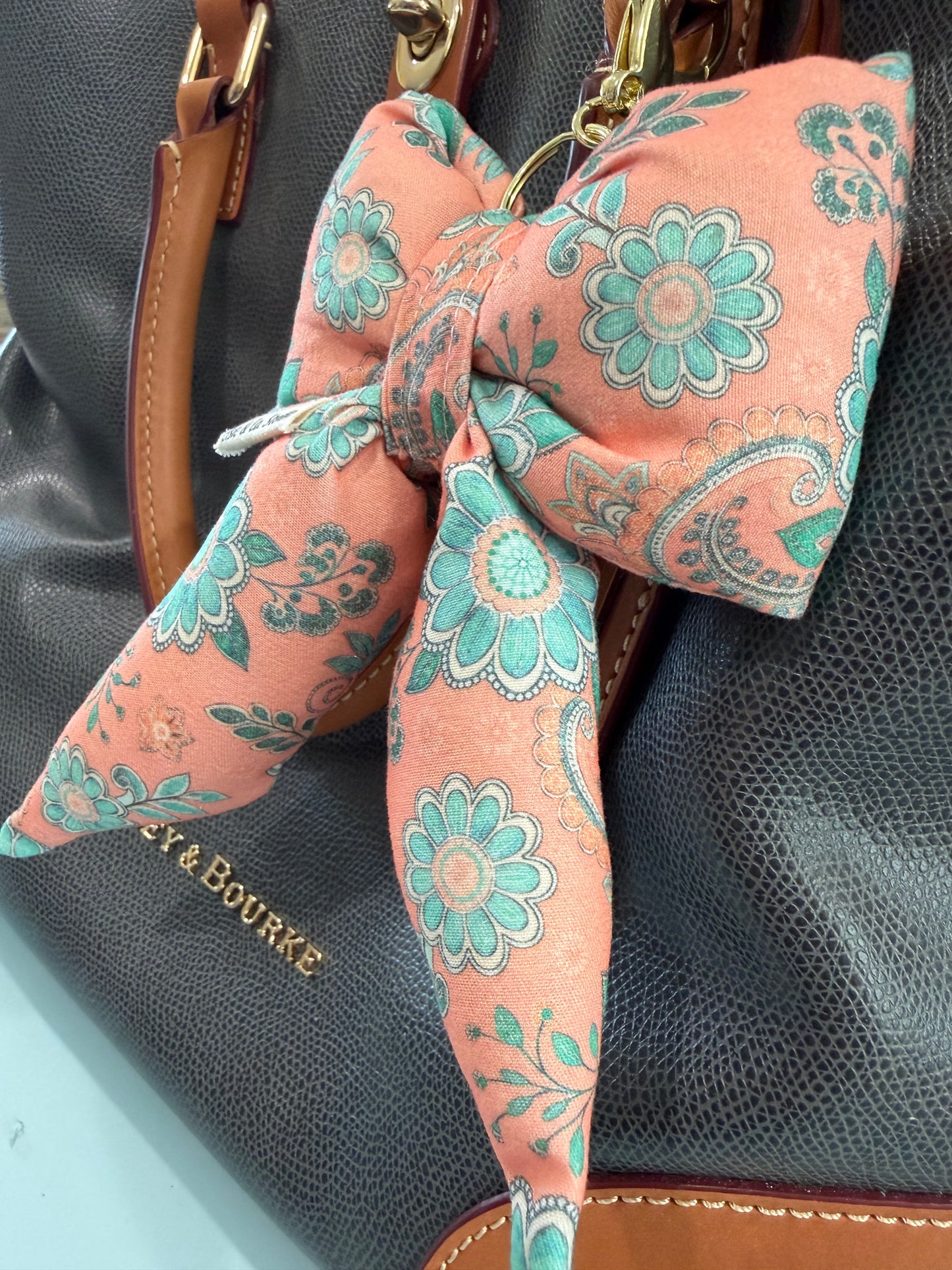 Puffy Bow Purse Charm, Peach with Teal Flowers