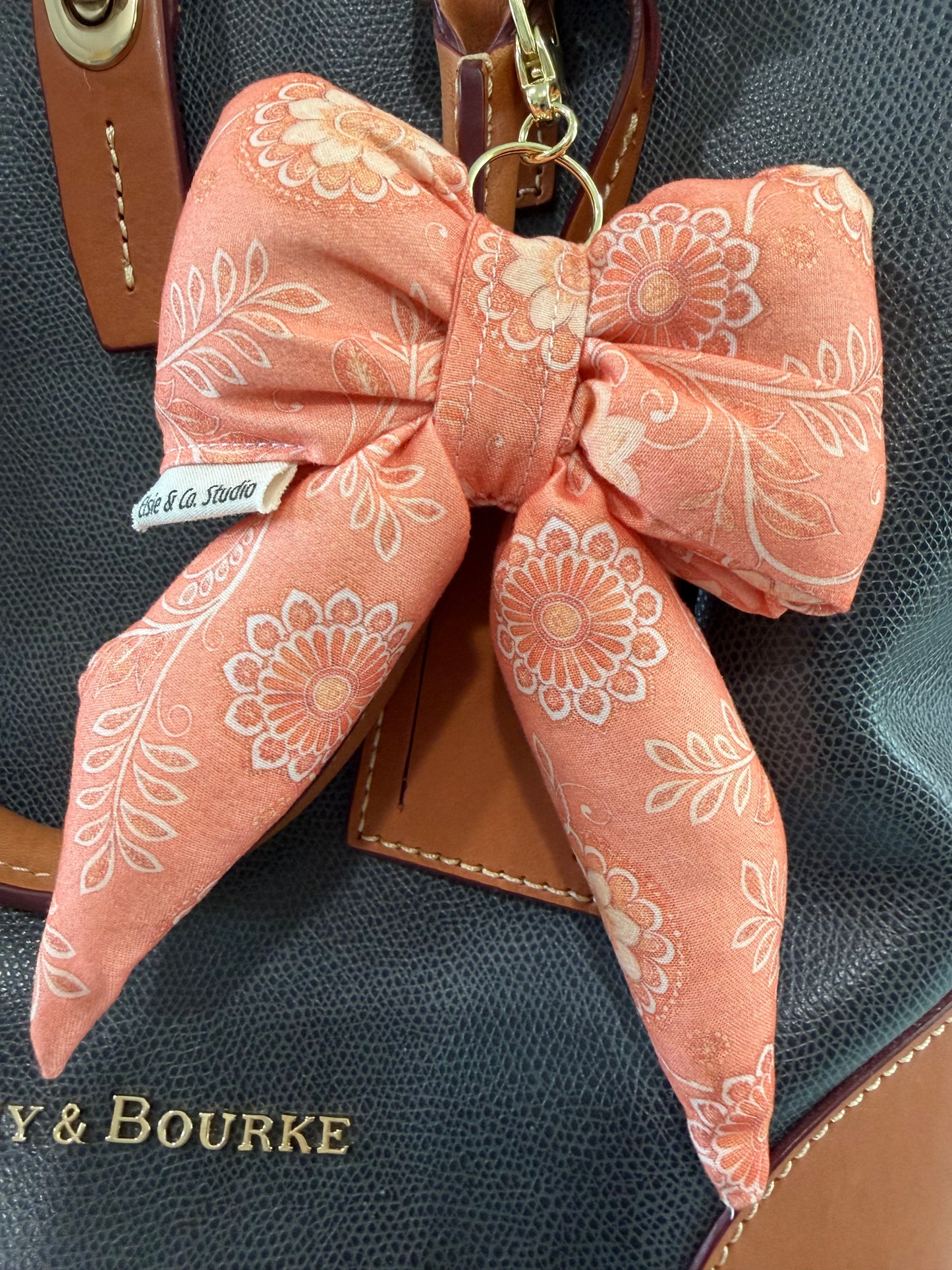 Puffy Bow Purse Charm, Peach Colored Floral Print