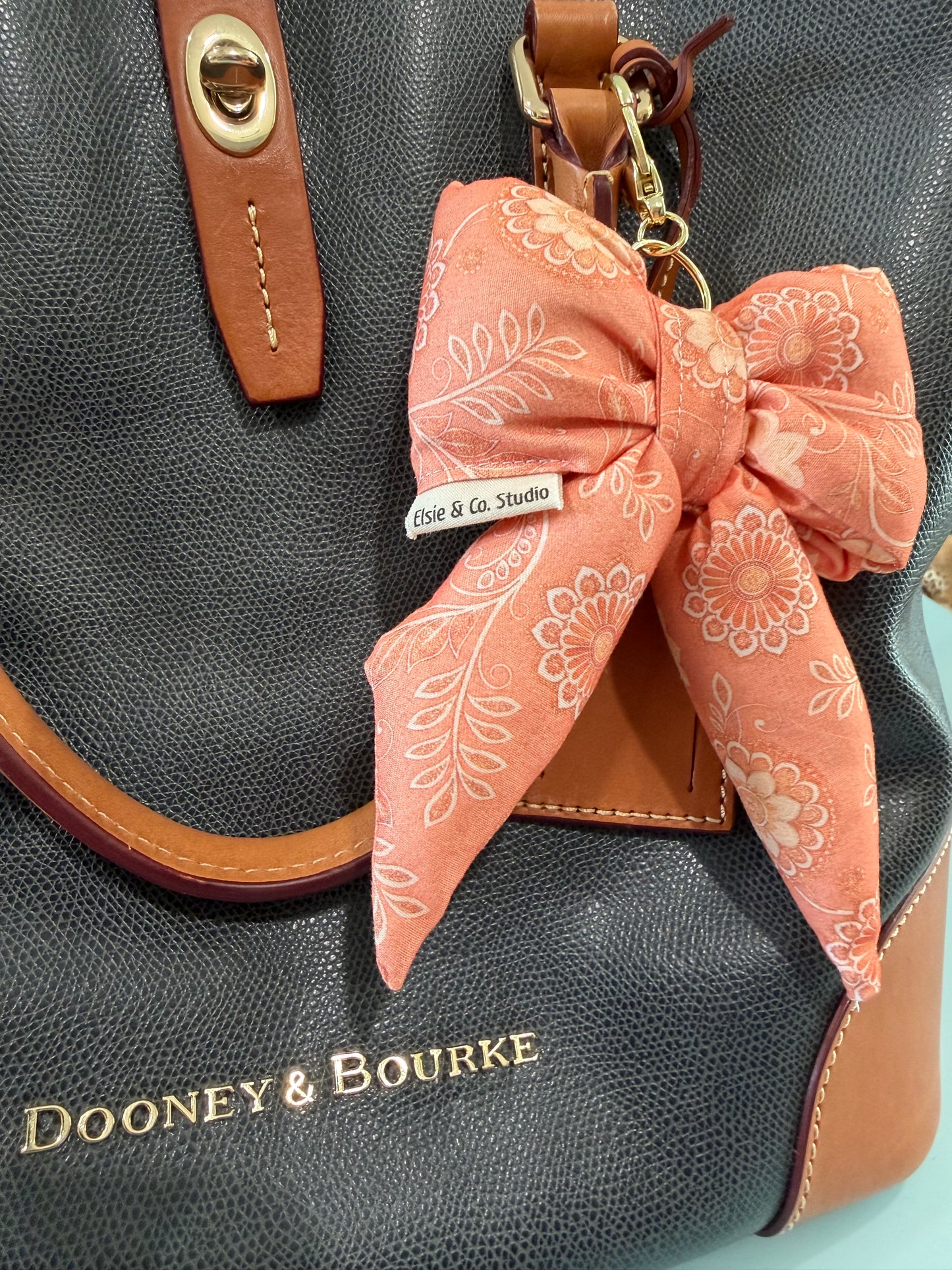 Puffy Bow Purse Charm, Peach Colored Floral Print