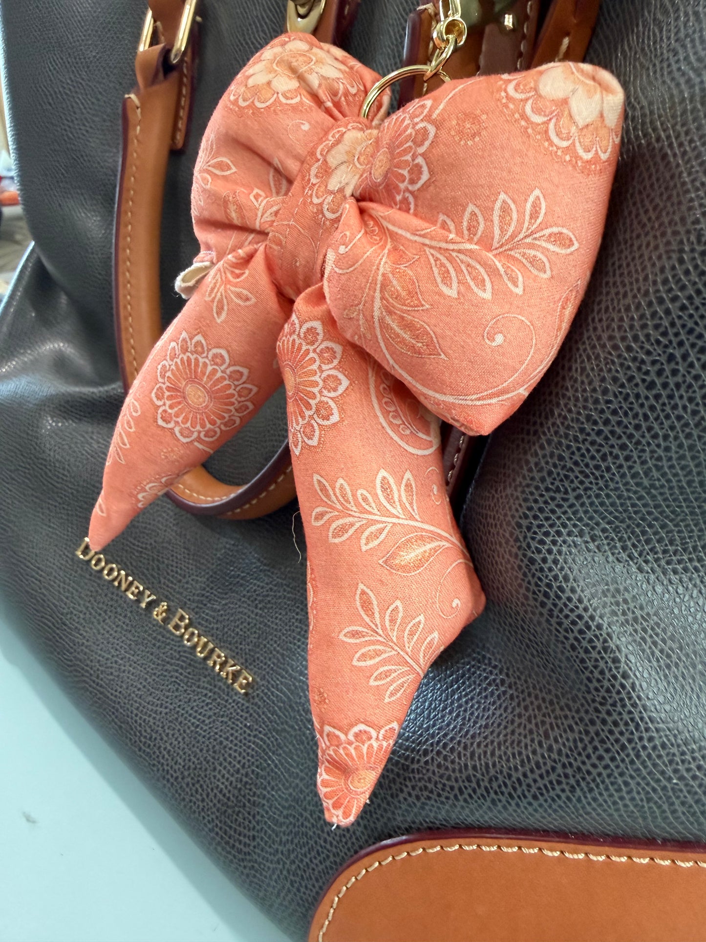 Puffy Bow Purse Charm, Peach Colored Floral Print