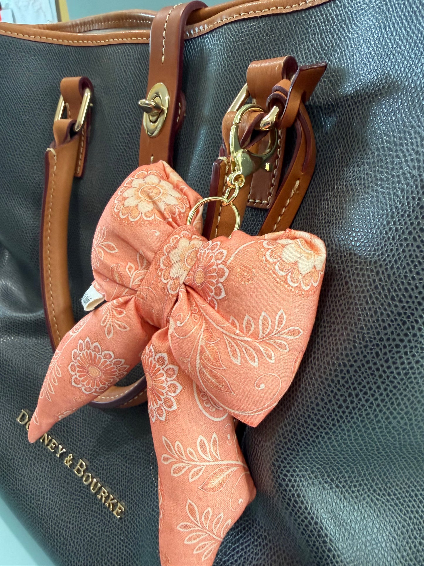 Puffy Bow Purse Charm, Peach Colored Floral Print