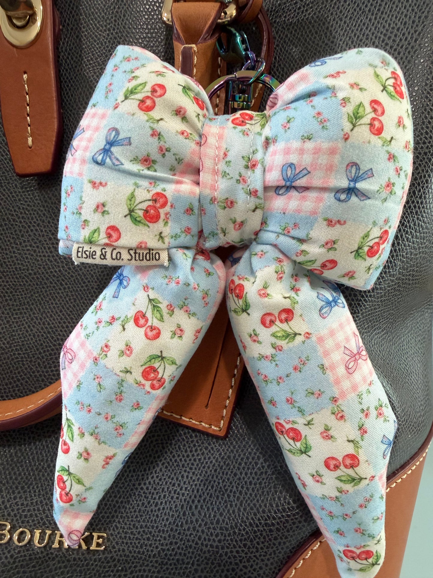 Puffy Bow Purse Charm, Floral Cherry Bow Patchwork Pattern