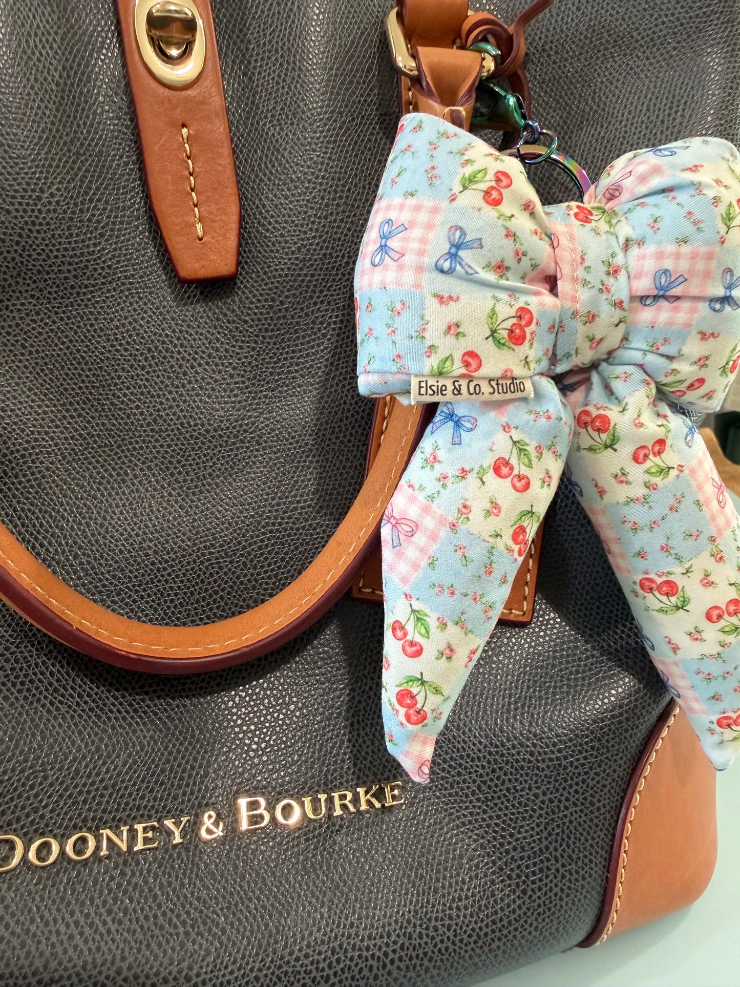Puffy Bow Purse Charm, Floral Cherry Bow Patchwork Pattern