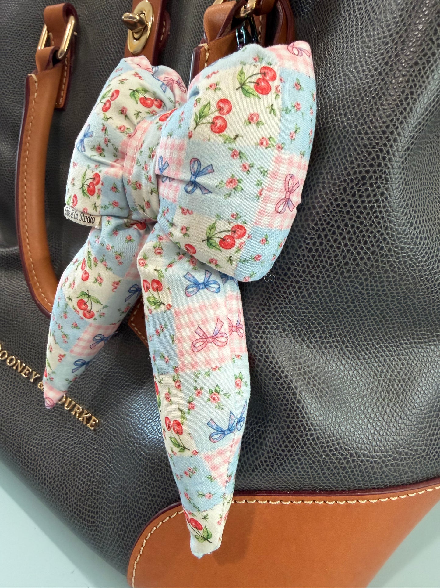 Puffy Bow Purse Charm, Floral Cherry Bow Patchwork Pattern