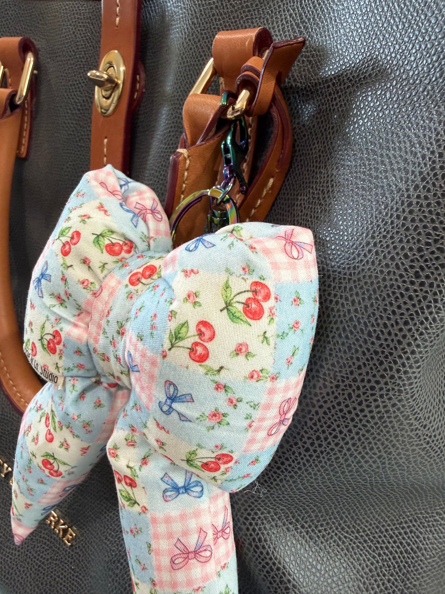 Puffy Bow Purse Charm, Floral Cherry Bow Patchwork Pattern