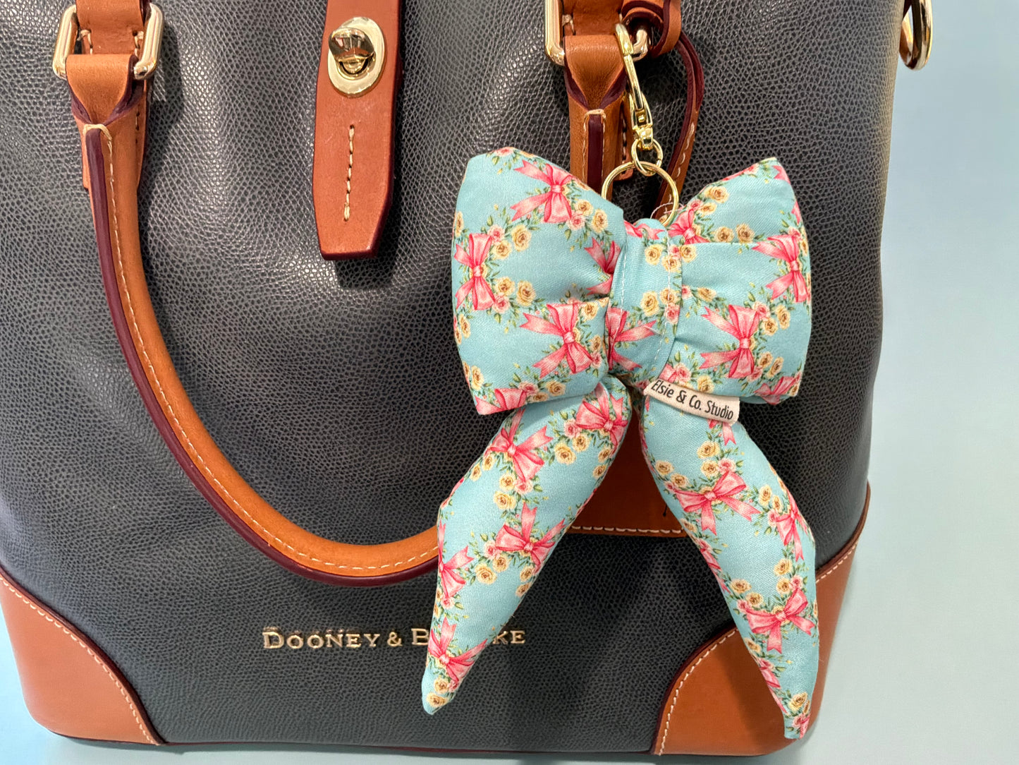 Puffy Bow Purse Charm, Blue With Pink Bows and Yellow Flowers Print