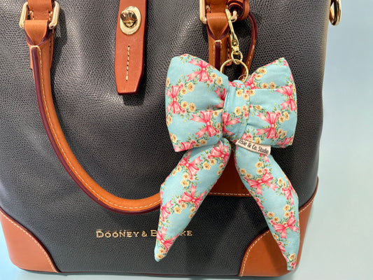 Puffy Bow Purse Charm, Blue With Pink Bows and Yellow Flowers Print