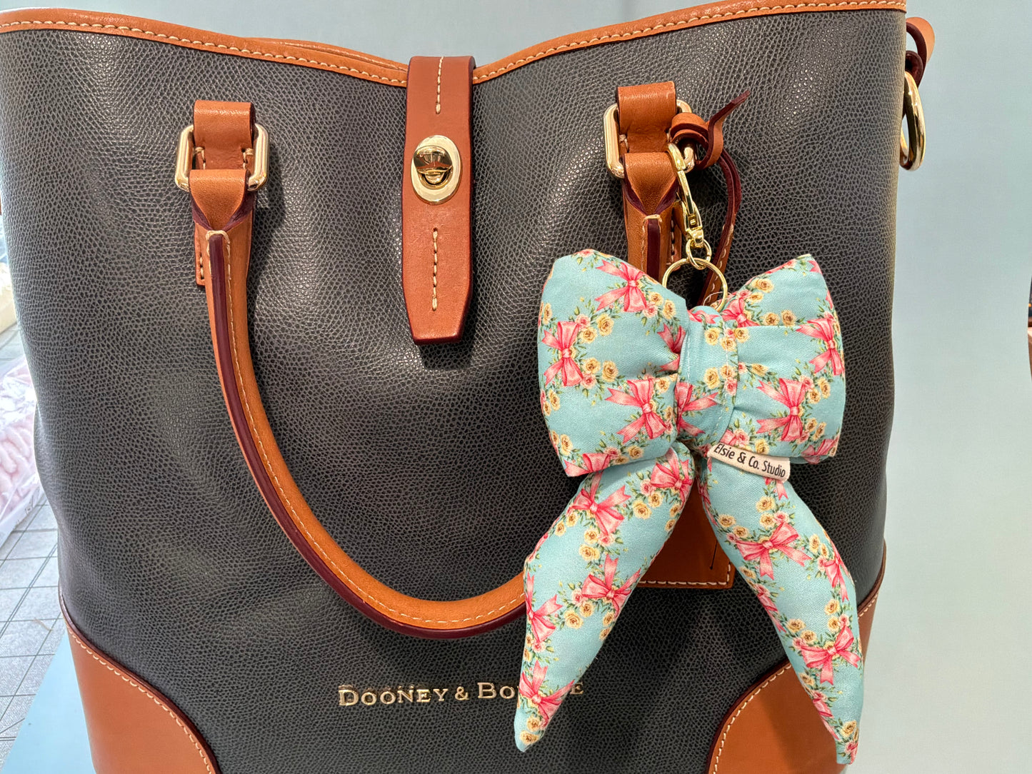 Puffy Bow Purse Charm, Blue With Pink Bows and Yellow Flowers Print