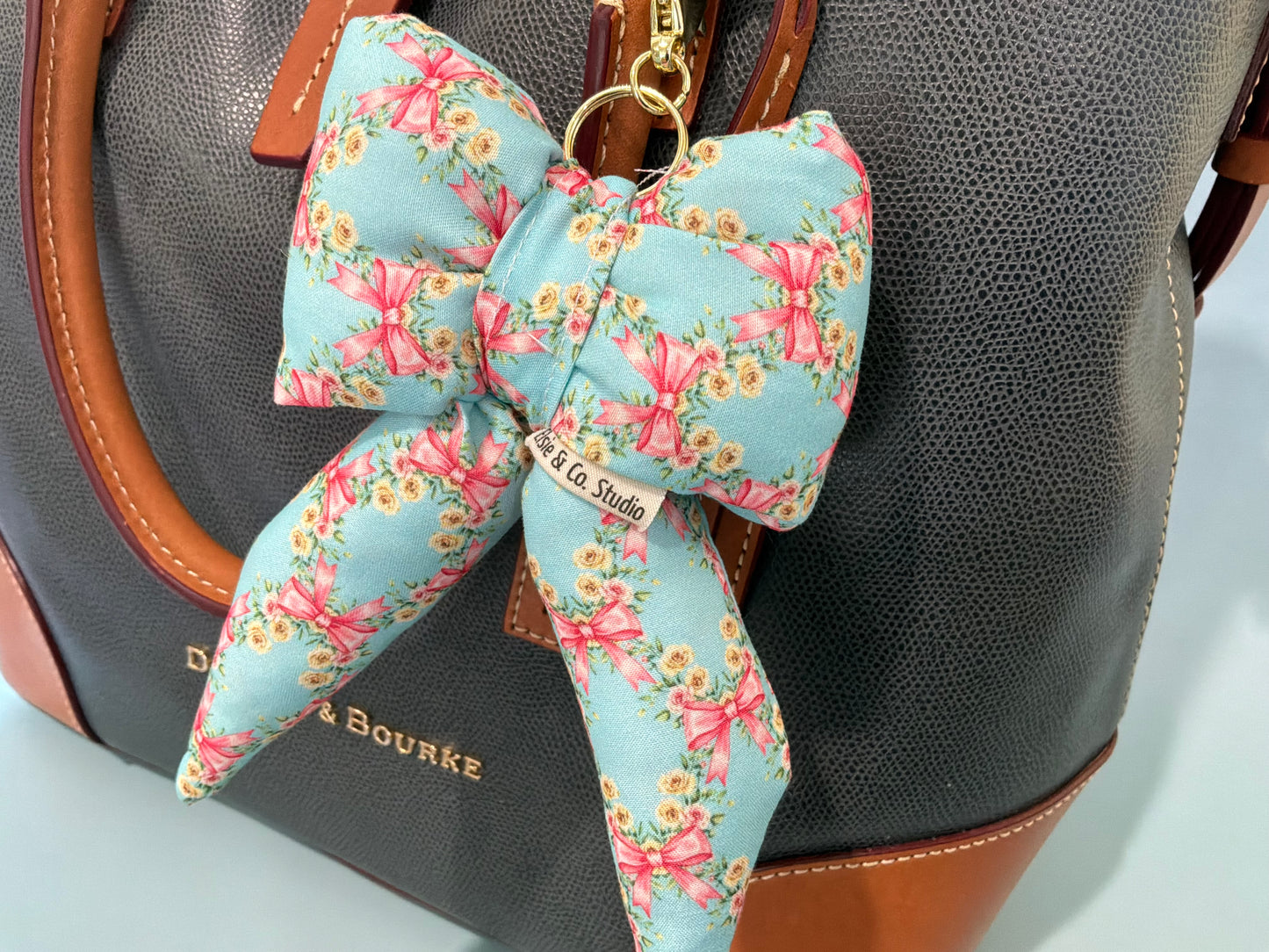Puffy Bow Purse Charm, Blue With Pink Bows and Yellow Flowers Print