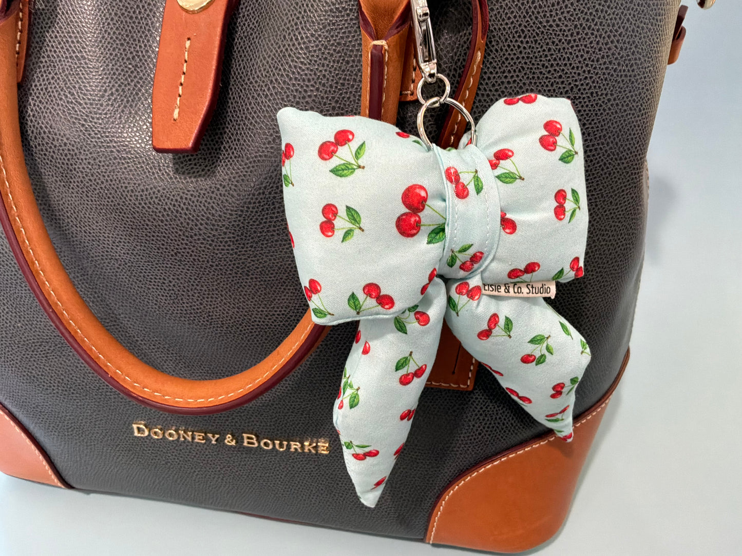 Puffy Bow Purse Charm, Blue with Cherries Print