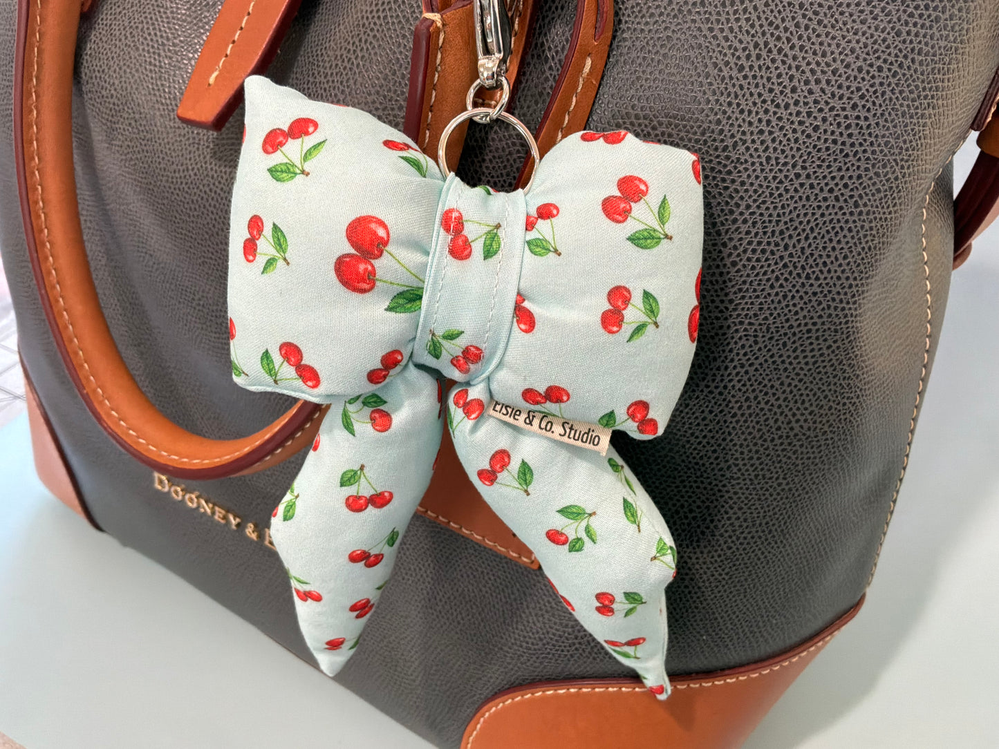 Puffy Bow Purse Charm, Blue with Cherries Print