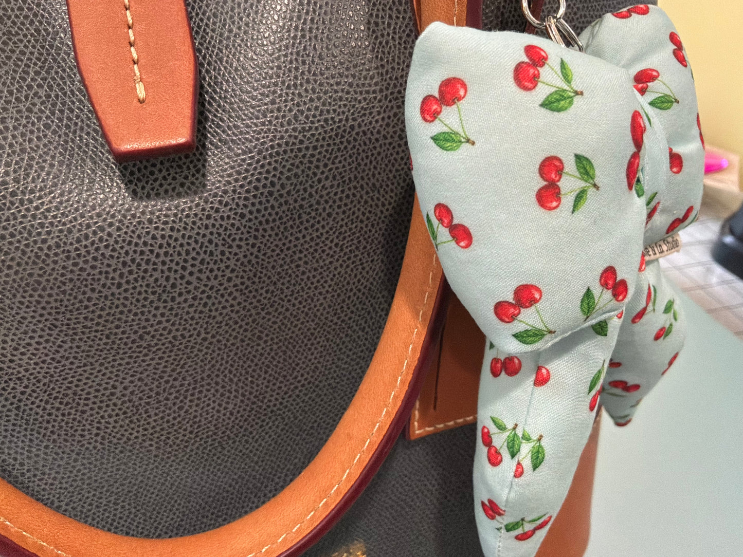 Puffy Bow Purse Charm, Blue with Cherries Print