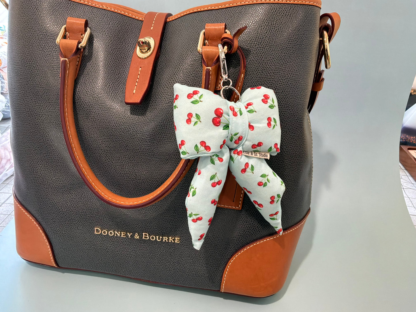 Puffy Bow Purse Charm, Blue with Cherries Print