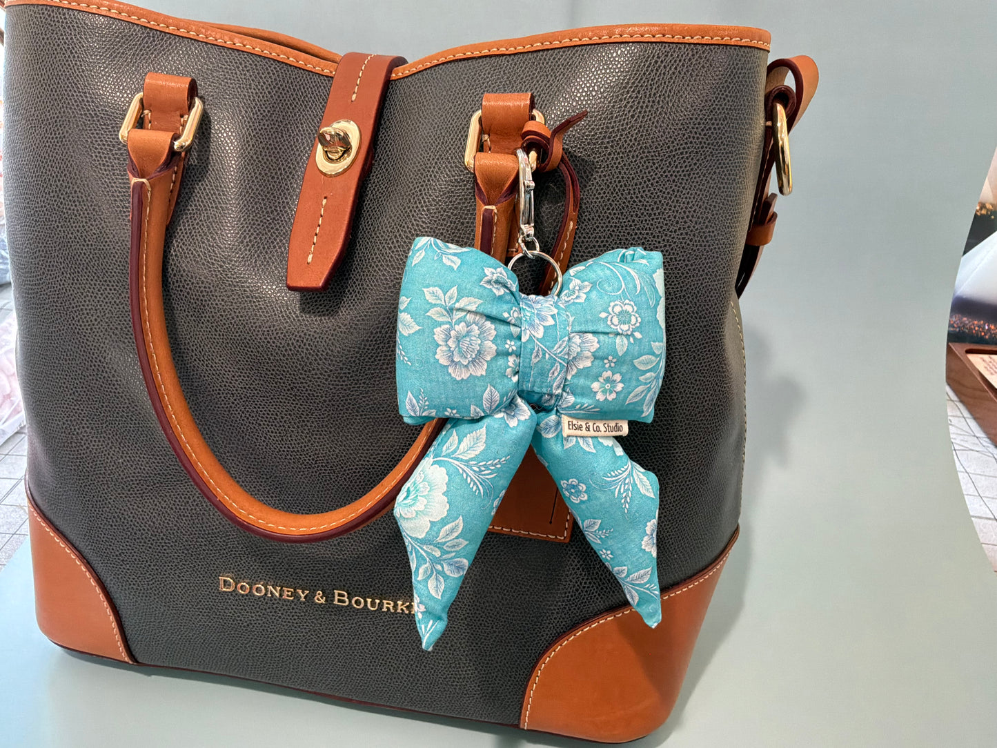Puffy Bow Purse Charm, Blue Floral Print