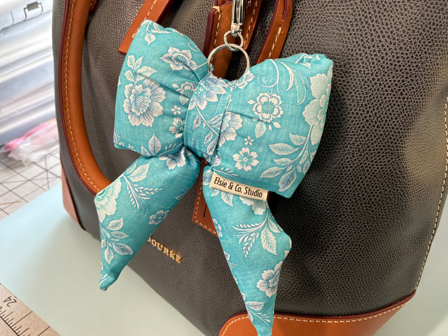 Puffy Bow Purse Charm, Blue Floral Print