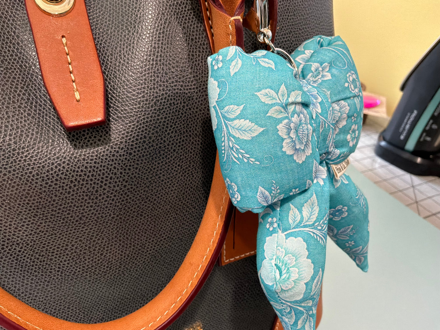 Puffy Bow Purse Charm, Blue Floral Print