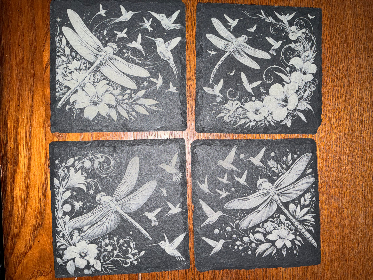Slate Coasters, Square, Dragonfly & Hummingbird