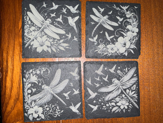Slate Coasters, Square, Dragonfly & Hummingbird