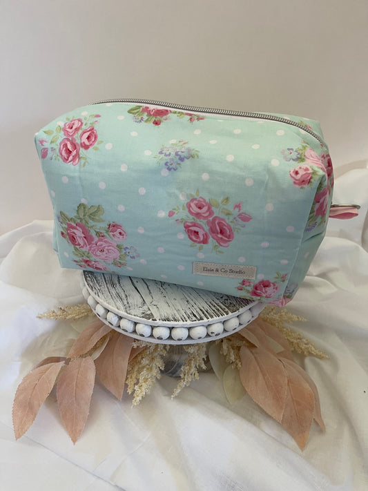 Large Blue with Pink Floral Cosmetic Bag