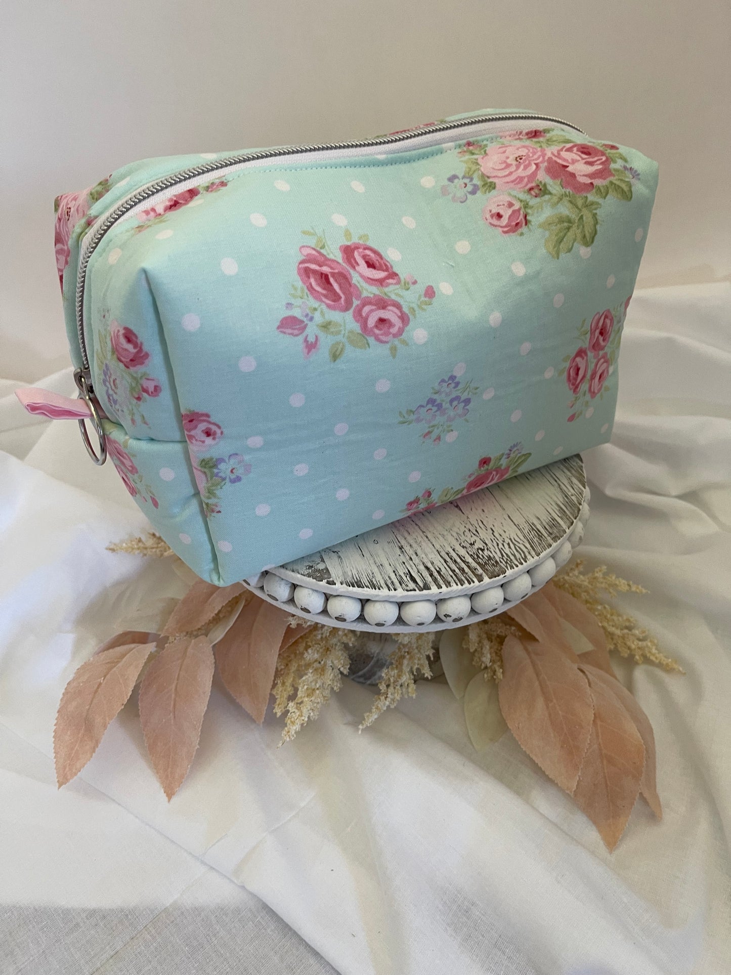 Large Blue with Pink Floral Cosmetic Bag