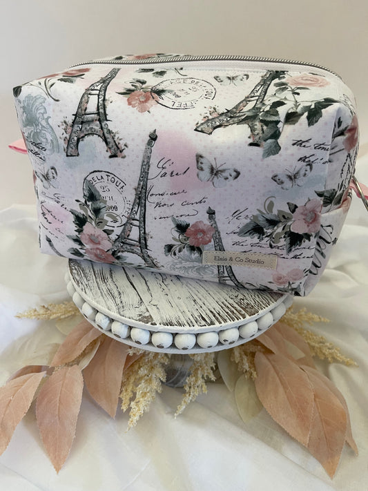 Large Pink Paris Print Cosmetic Bag