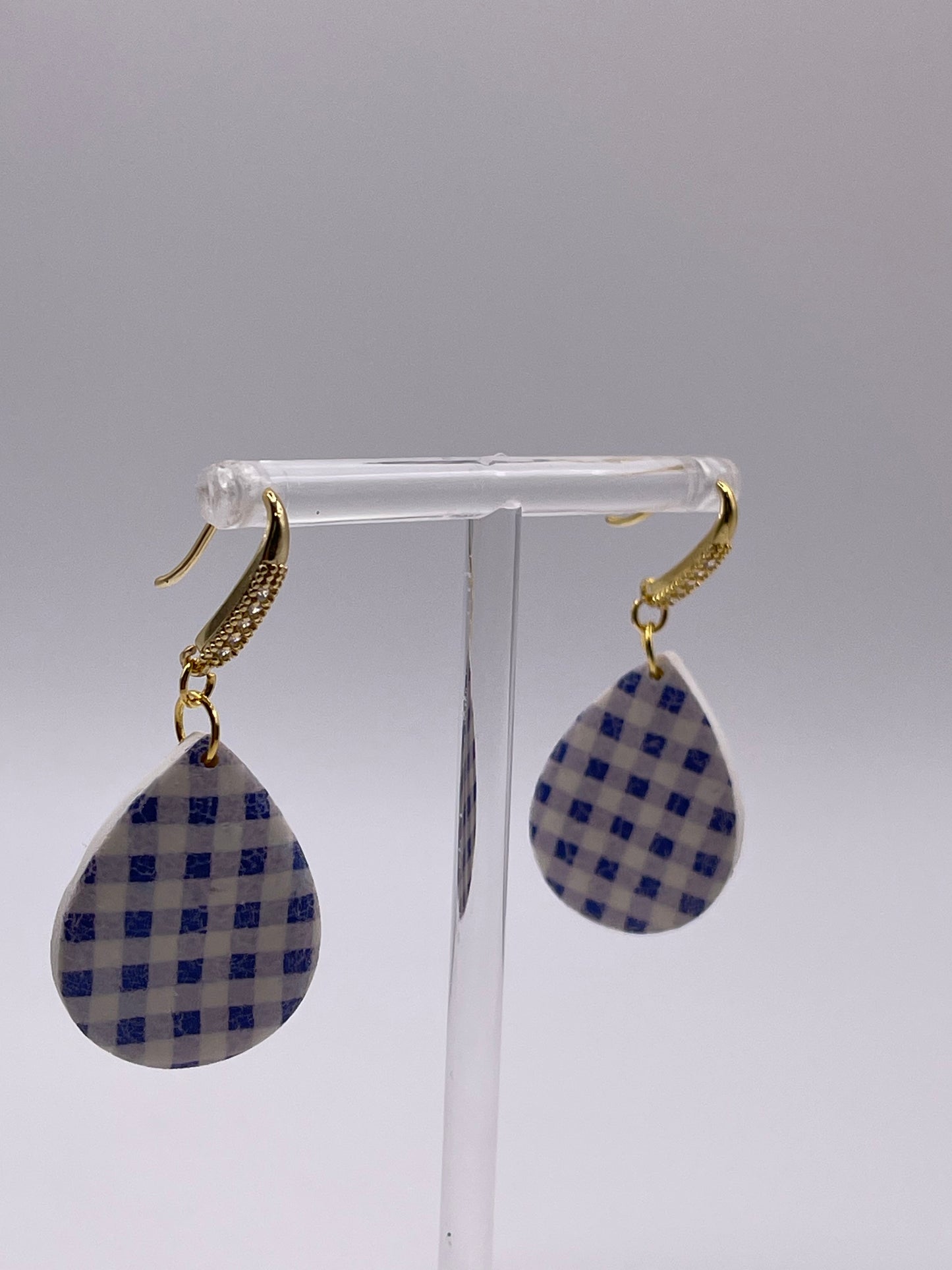 Blue Gingham Check Polymer Clay Earrings