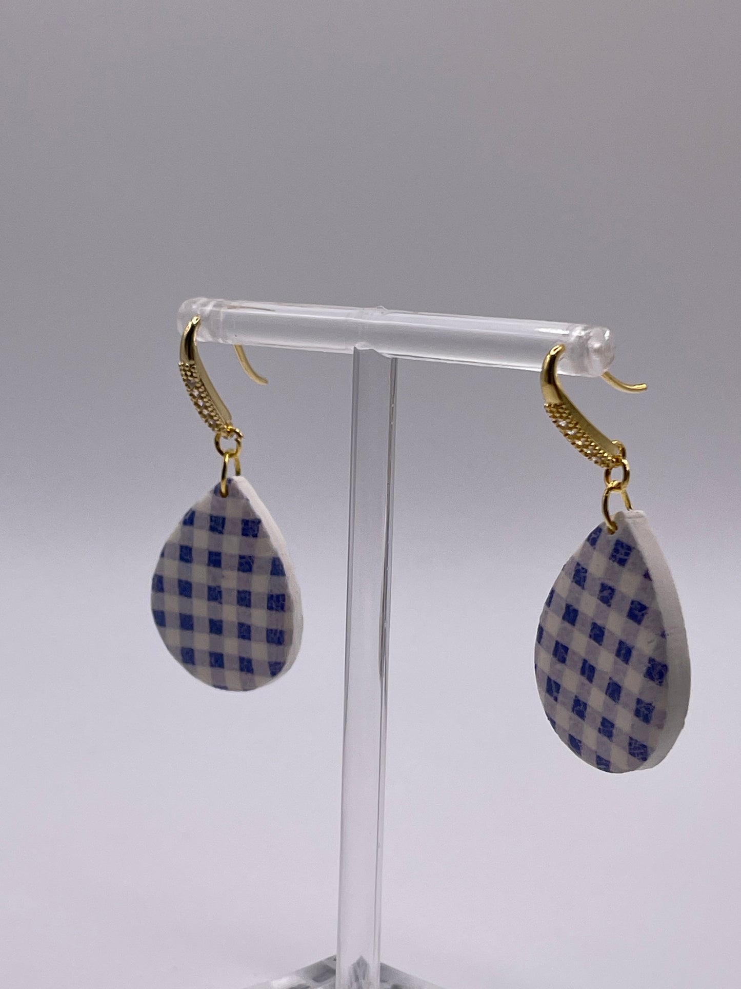 Blue Gingham Check Polymer Clay Earrings