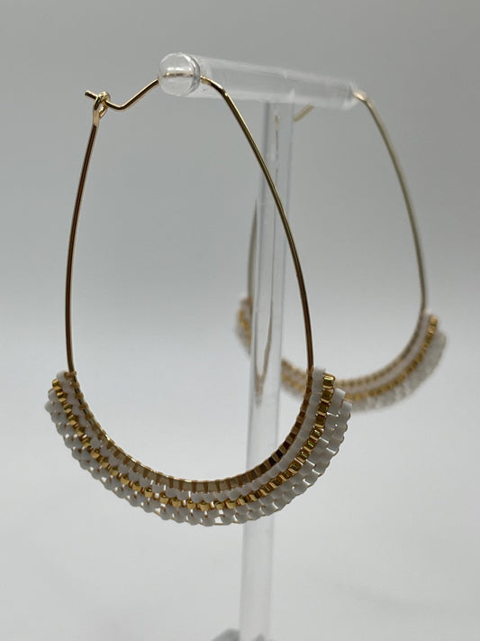 White and Gold-tone Elongated Hoop Beaded Earrings