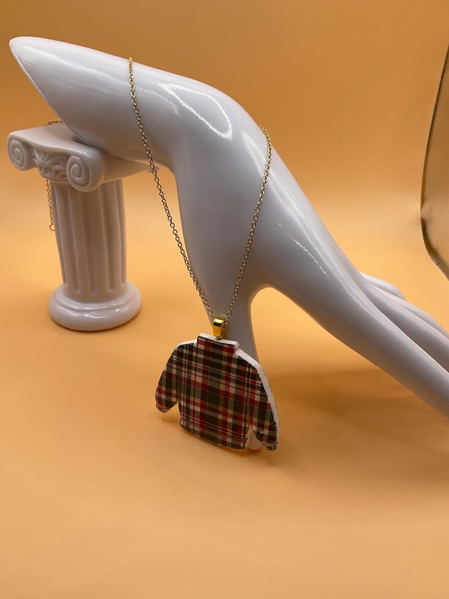 Plaid Ugly Sweater Pendant With Chain | Sweater Necklace