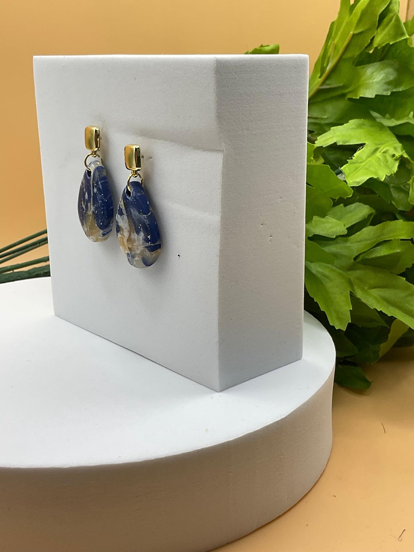 Blue Swirl and Gold Square Stud Polymer Clay Earrings