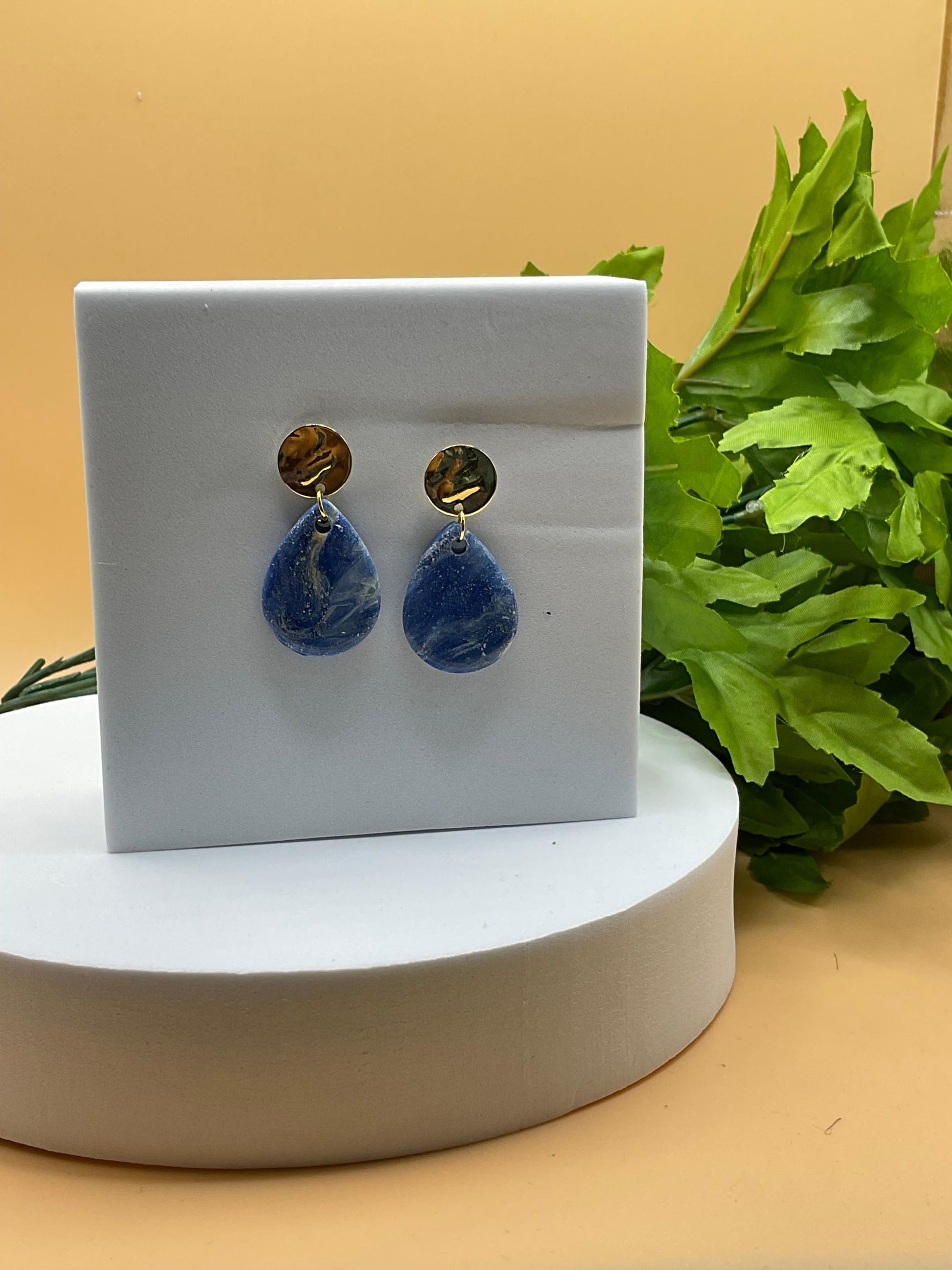 Blue Swirl and Gold Polymer Clay Earrings