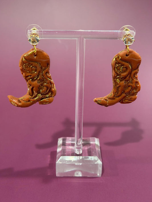 Brown and Gold Foiled Cowboy Boot Dangle Earrings