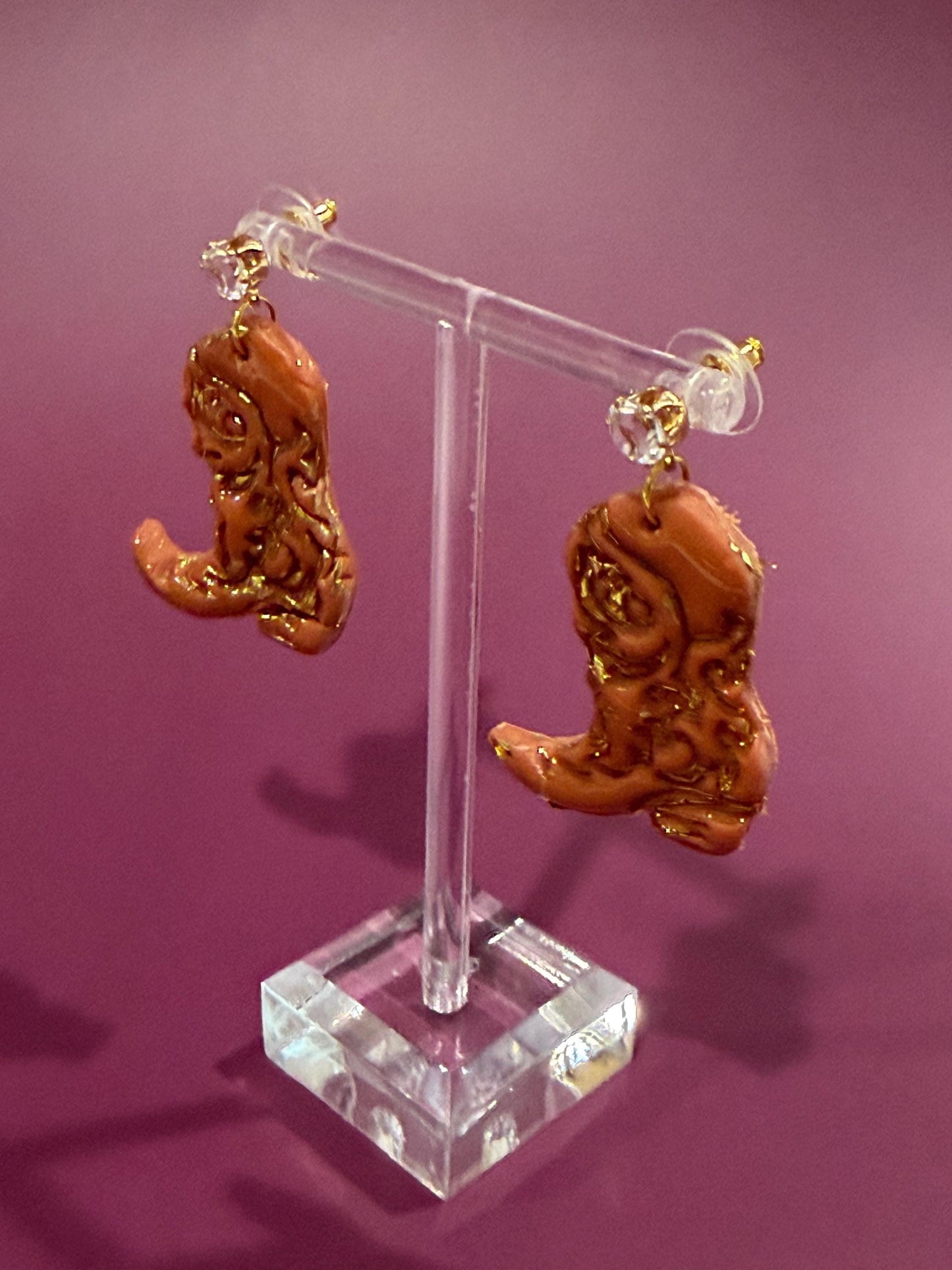 Brown and Gold Foiled Cowboy Boot Dangle Earrings