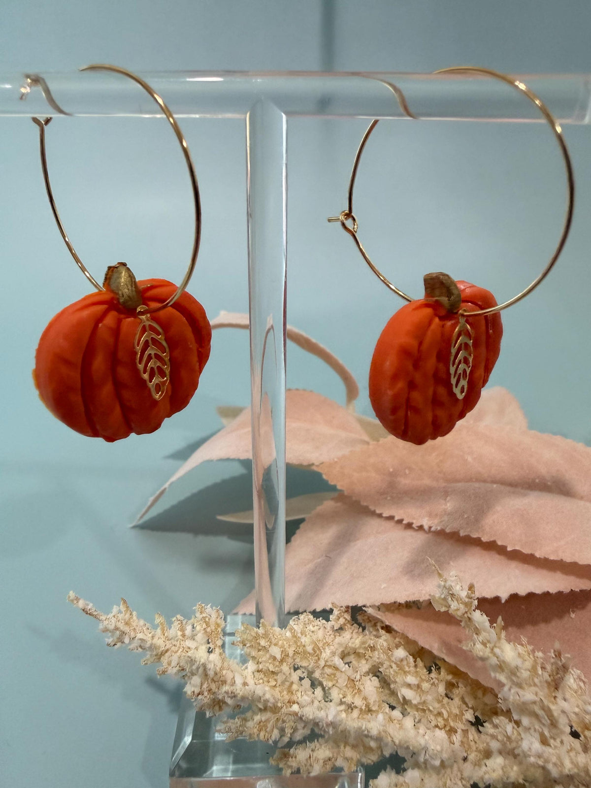 Handcrafted Pumpkin Dangle Hoop Earrings, Autumn Leaf Charm, Fall Jewelry