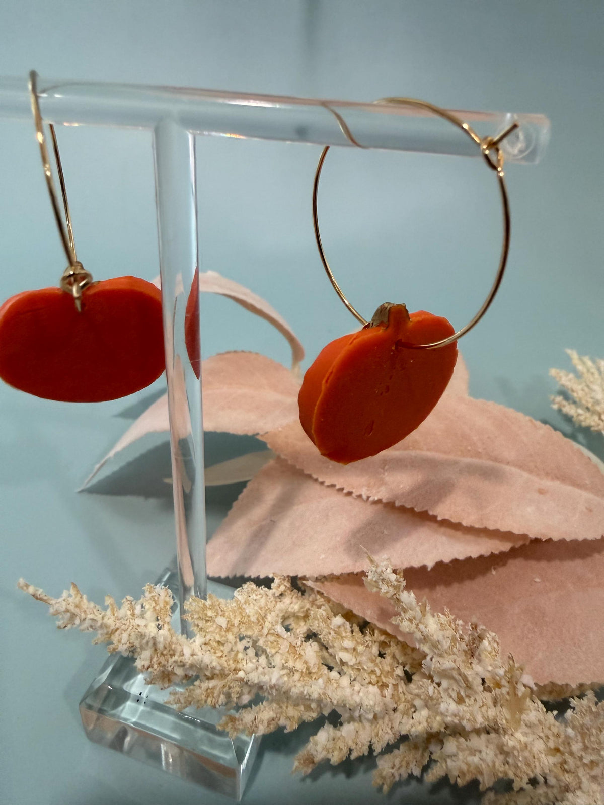 Handcrafted Pumpkin Dangle Hoop Earrings, Autumn Leaf Charm, Fall Jewelry