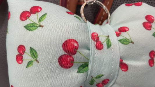 Puffy Bow Purse Charm, Blue with Cherries Print