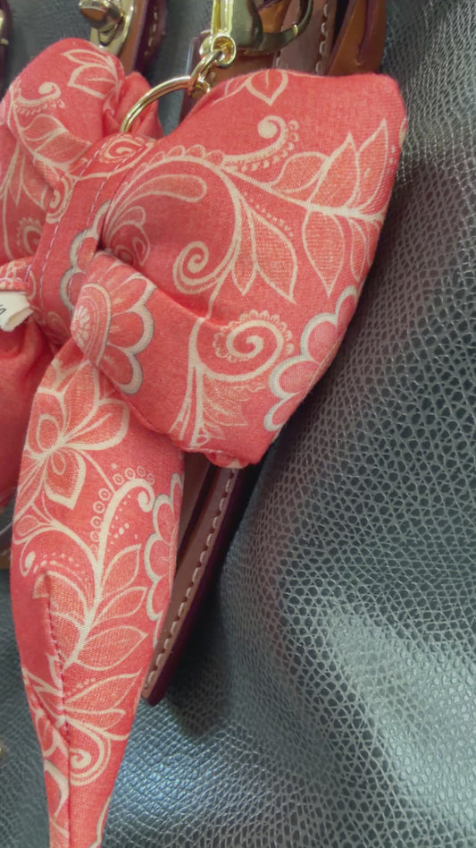 Puffy Bow Purse Charm, Dark Peach and Ivory Floral Print
