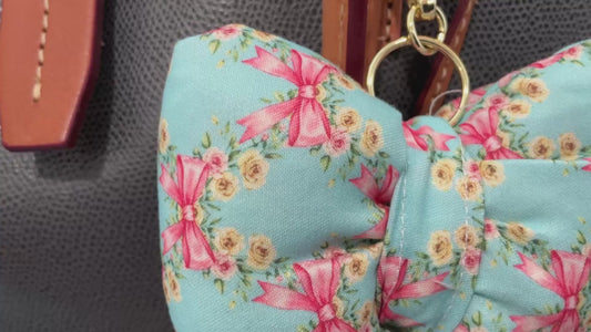 Puffy Bow Purse Charm, Blue With Pink Bows and Yellow Flowers Print