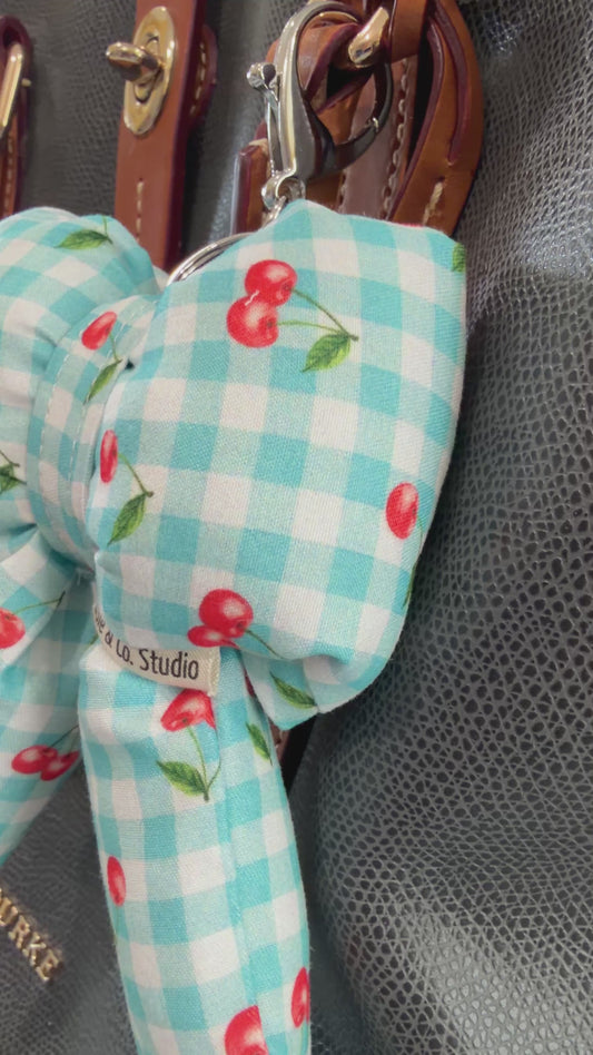 Puffy Bow Purse Charm, Blue Gingham with Cherries Print