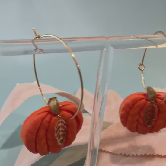 Handcrafted Pumpkin Dangle Hoop Earrings, Autumn Leaf Charm, Fall Jewelry